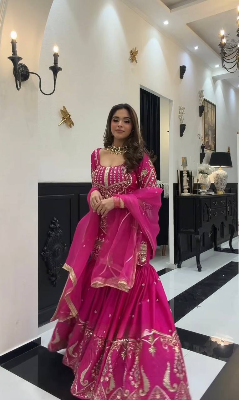 Fuchsia Pink Couture Sharara Set - Festive Wear